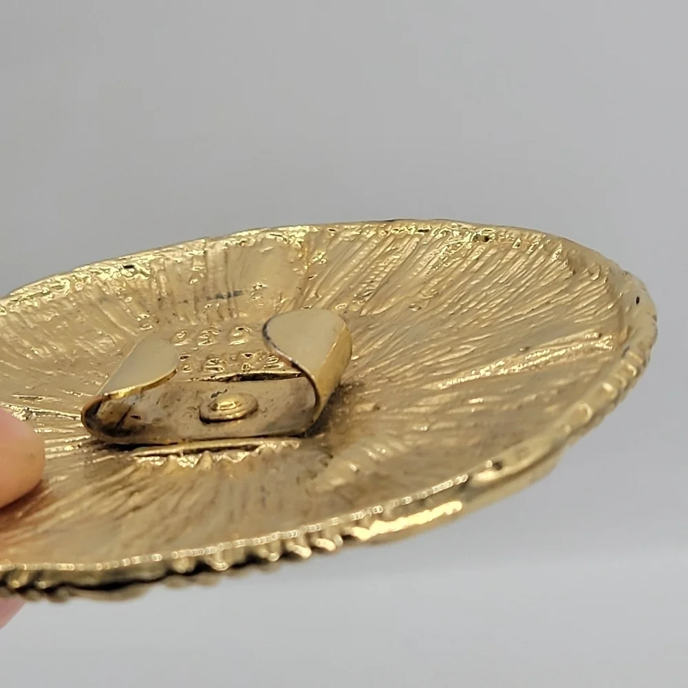 Vintage Signed PEARL 1990  Belt Buckle Round Gold Metal  Enamel
